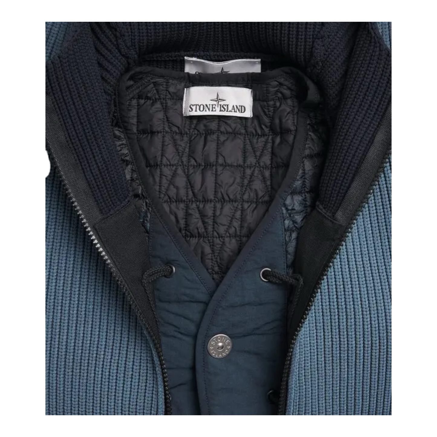 Stone Island blue ribbed knit zip-up jacket with hood and quilted lining. Features Stone Island badge on sleeve.