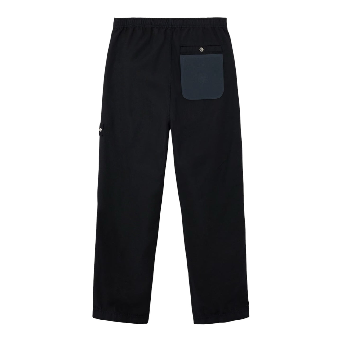 Urban Saints black Stone Island cotton trousers featuring a rear button-fastened pocket and elasticated waistband.
