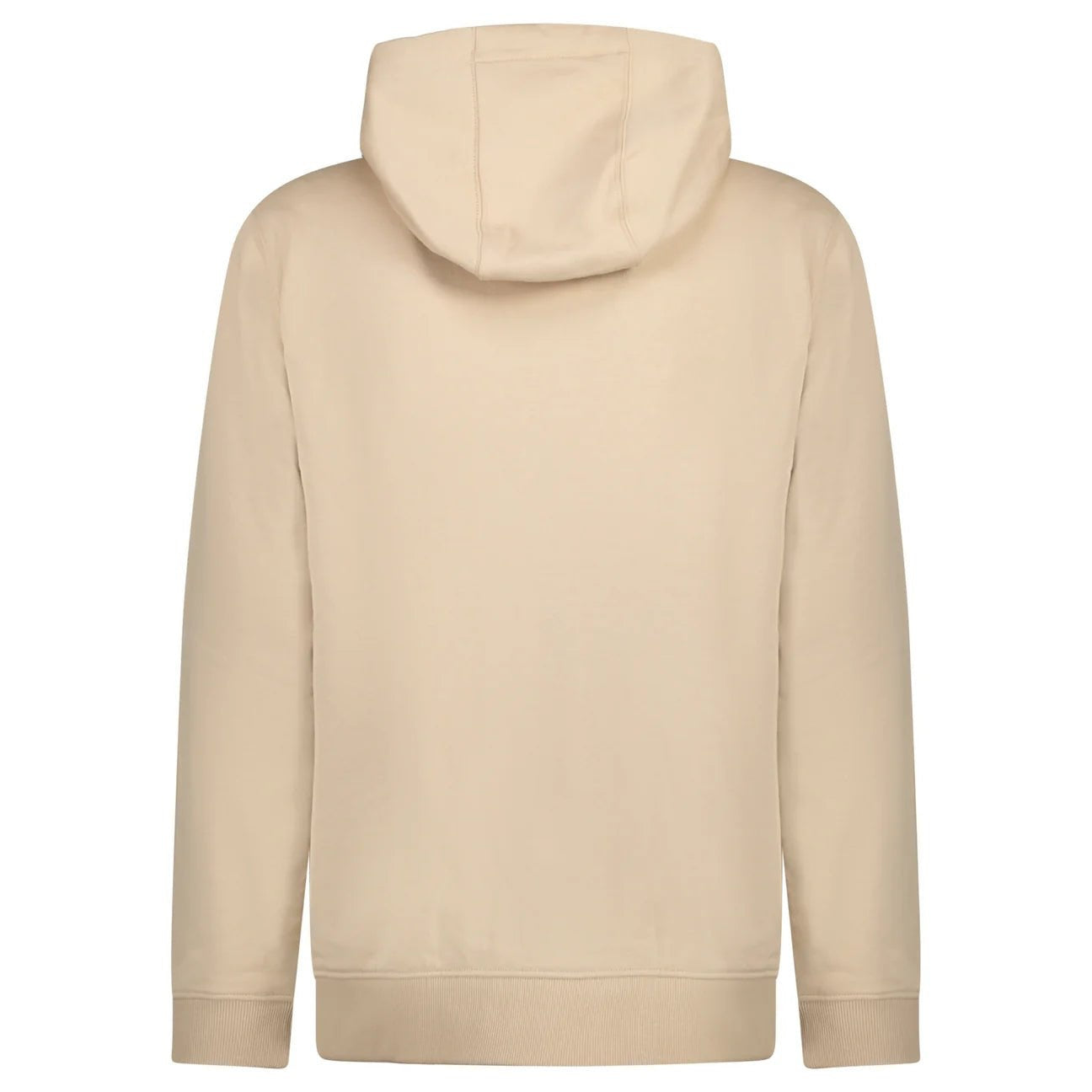 Back view of a beige Urban Saints Burberry cotton zip-up hoodie with a drawstring hood and ribbed hem.