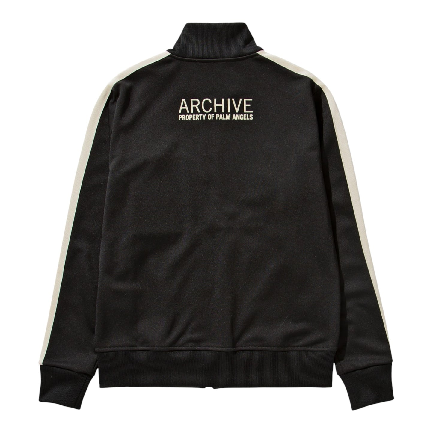 Urban Saints Moncler Palm Angels black track jacket with white sleeve stripes and back Archive graphic print.
