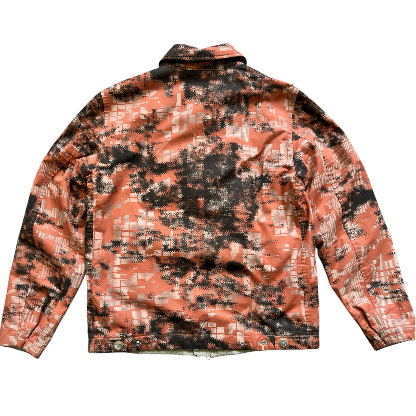 Urban Saints Stone Island cotton canvas jacket in orange and black Earth Mapping camouflage print, back view.