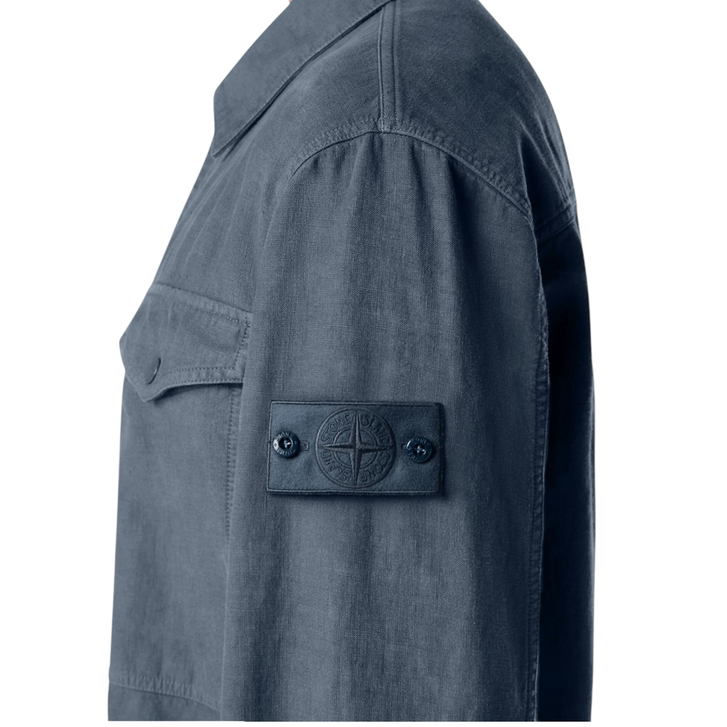 Urban Saints Stone Island blue garment-dyed utility overshirt with signature sleeve badge and button-flap pocket.