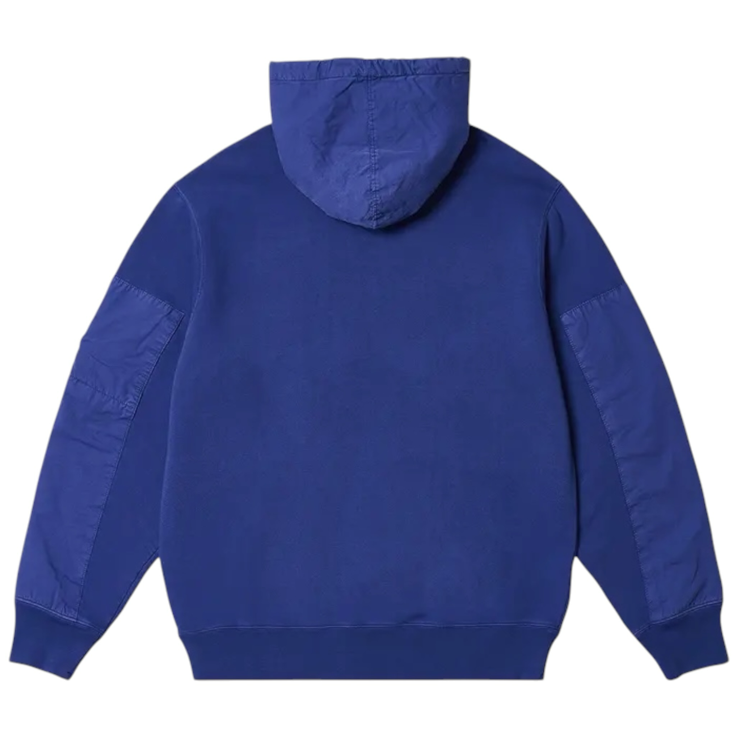Urban Saints blue cotton blend hoodie with utility pocket and lens detail on sleeve, adjustable hood, and ribbed cuffs.