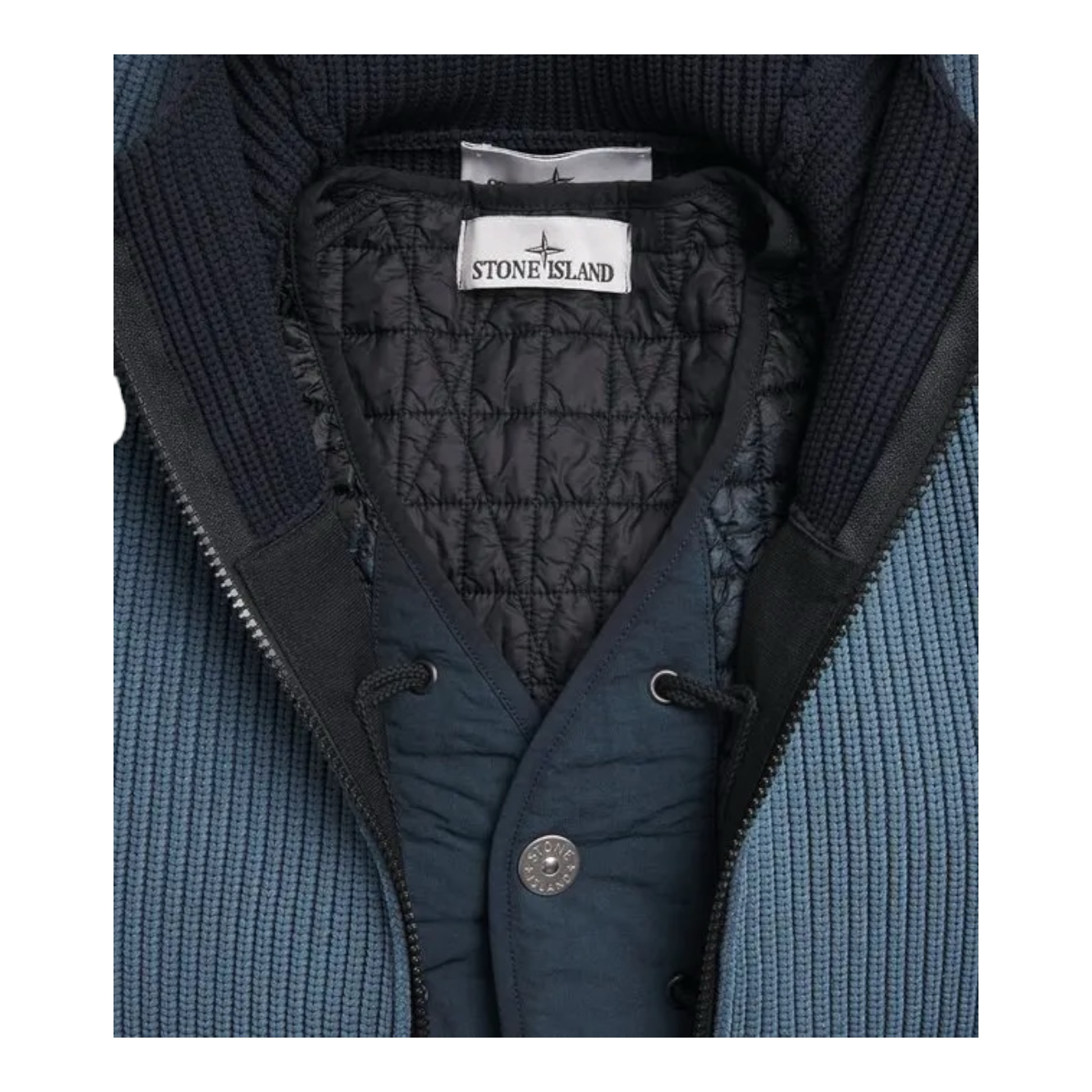 Stone Island blue ribbed knit zip-up jacket with hood and quilted lining. Features Stone Island badge on sleeve.