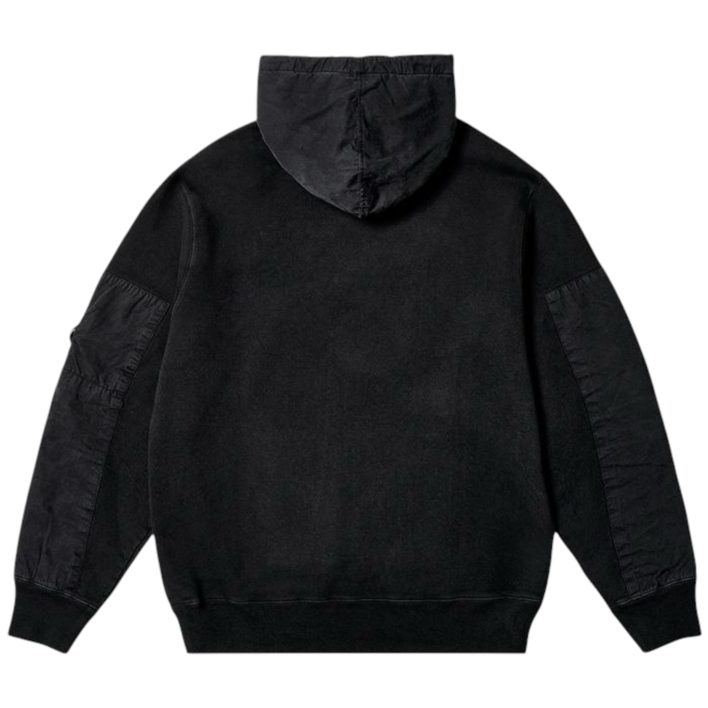 Urban Saints black washed cotton fleece hoodie with utility sleeve pockets and drawstring hood.