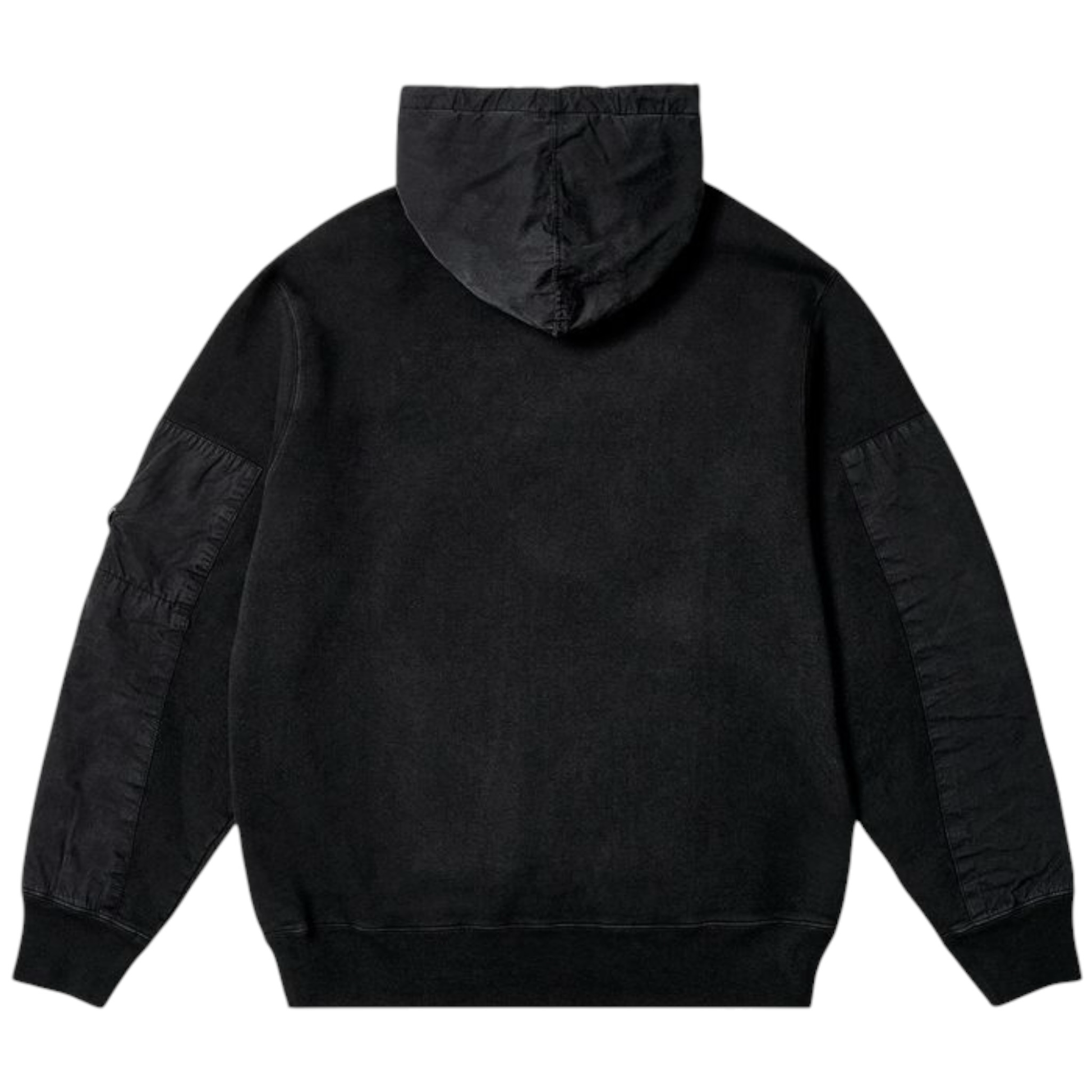 Urban Saints black washed cotton fleece hoodie with utility sleeve pockets and drawstring hood.