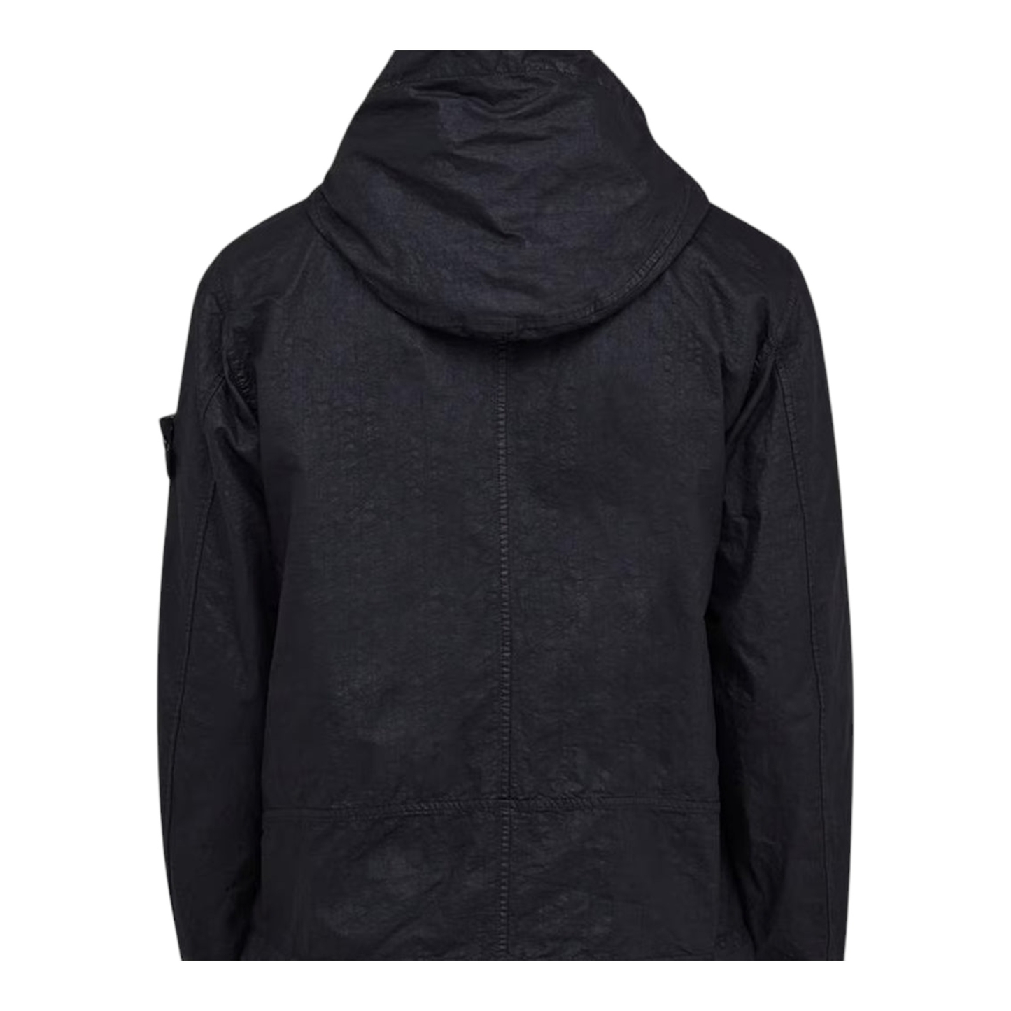 Urban Saints black textured hooded jacket with zip pockets and Stone Island badge on sleeve.