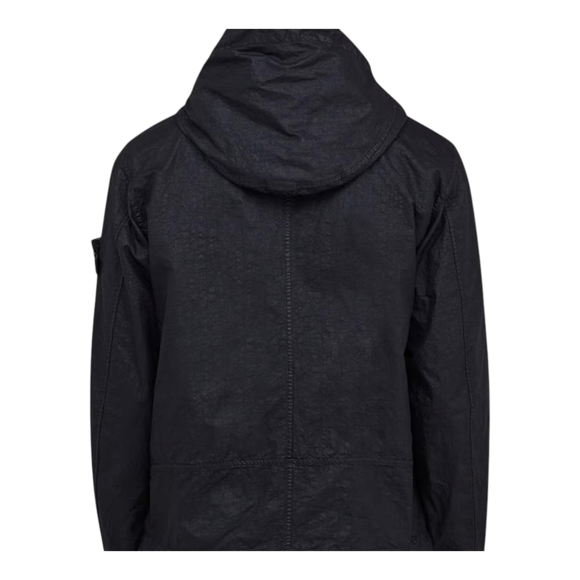 Urban Saints black textured hooded jacket with zip pockets and Stone Island badge on sleeve.