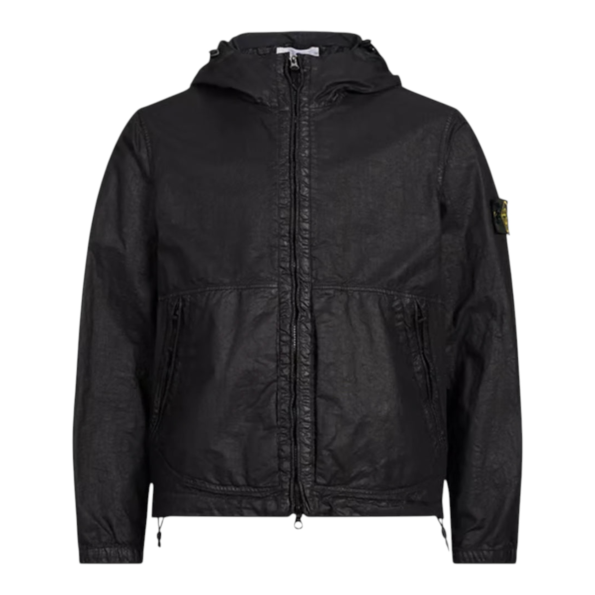 Urban Saints black textured hooded jacket with zip pockets and Stone Island badge on sleeve.