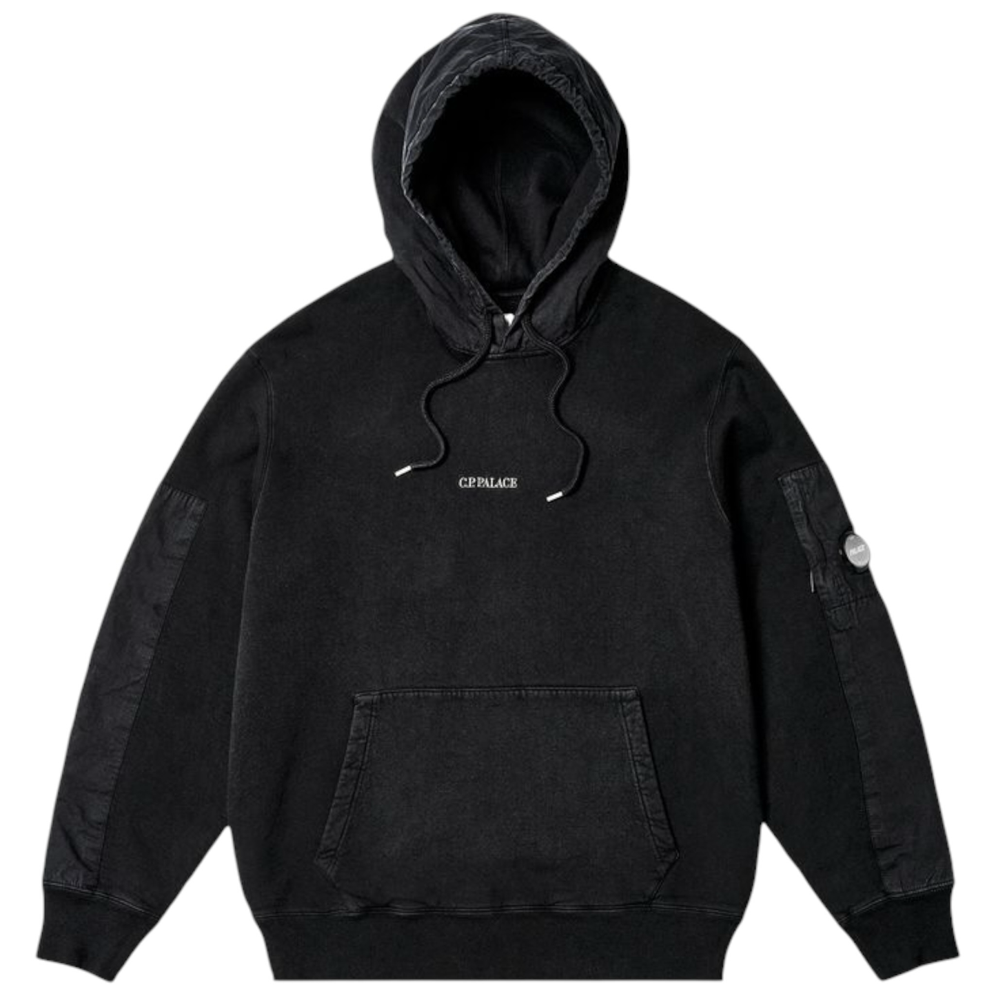 Urban Saints black washed cotton fleece hoodie with drawstring hood, kangaroo pocket, and utility sleeve pockets. Garment-dyed finish.