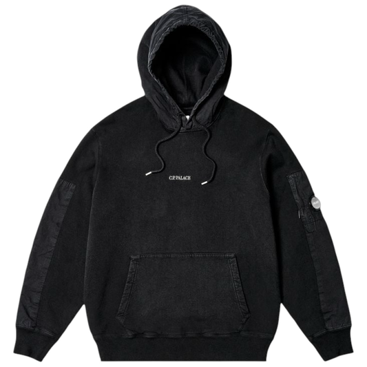 Urban Saints black washed cotton fleece hoodie with drawstring hood, kangaroo pocket, and utility sleeve pockets. Garment-dyed finish.