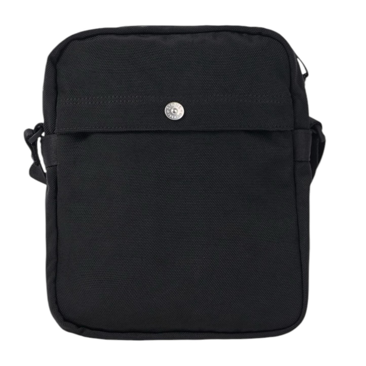 Urban Saints black nylon crossbody bag with navy blue textured panel and embossed Stone Island logo. Zip pockets and adjustable strap.