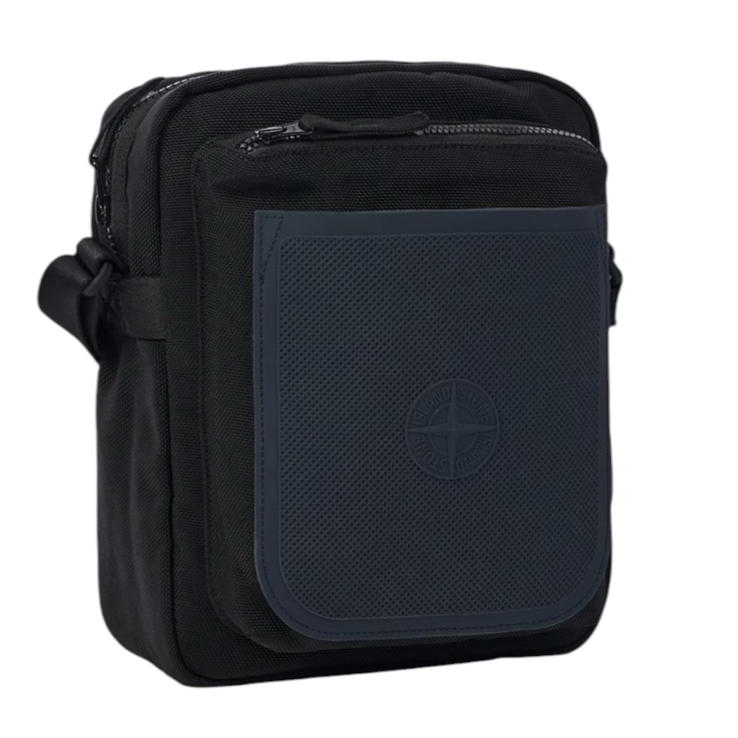 Urban Saints black nylon crossbody bag with navy blue textured panel and embossed Stone Island logo. Zip pockets and adjustable strap.