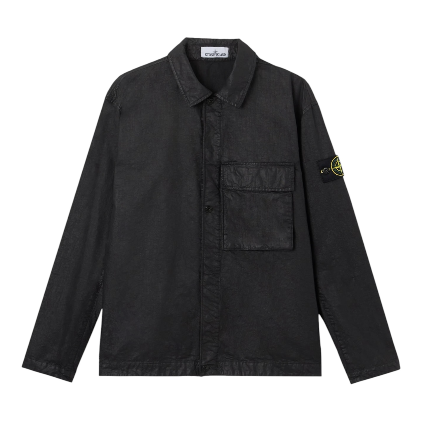 Urban Saints black textured overshirt with chest pocket and Stone Island badge on sleeve.