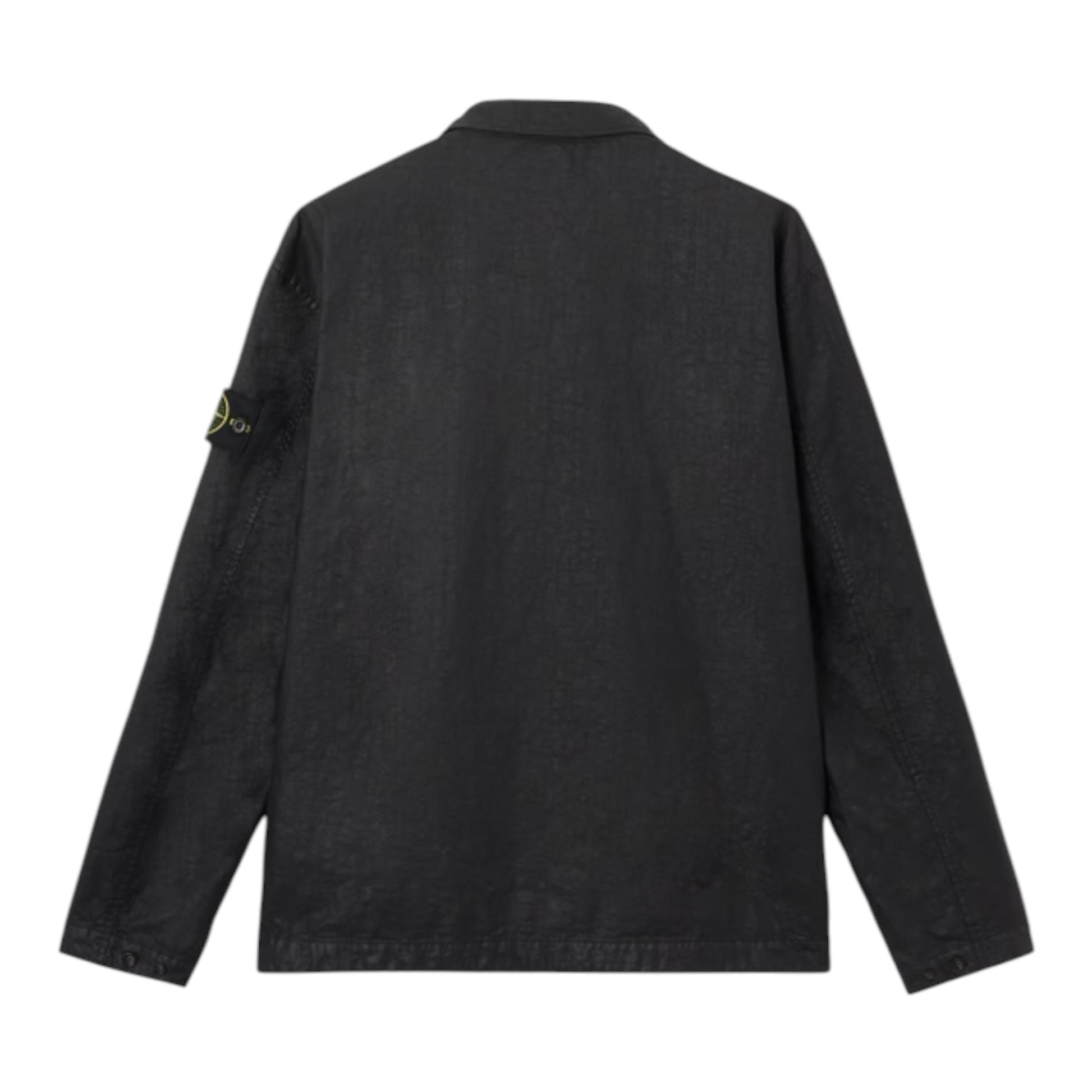 Urban Saints black textured overshirt with chest pocket and Stone Island badge on sleeve.