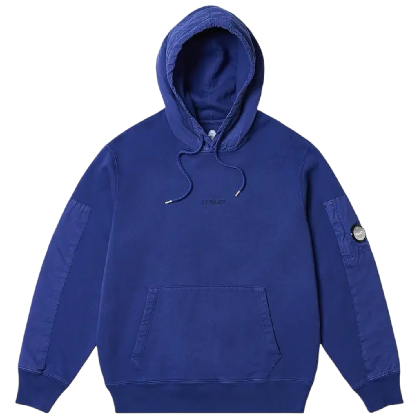 Urban Saints blue cotton blend hooded sweatshirt with kangaroo pocket, drawstring hood, and signature lens utility pocket on sleeve.