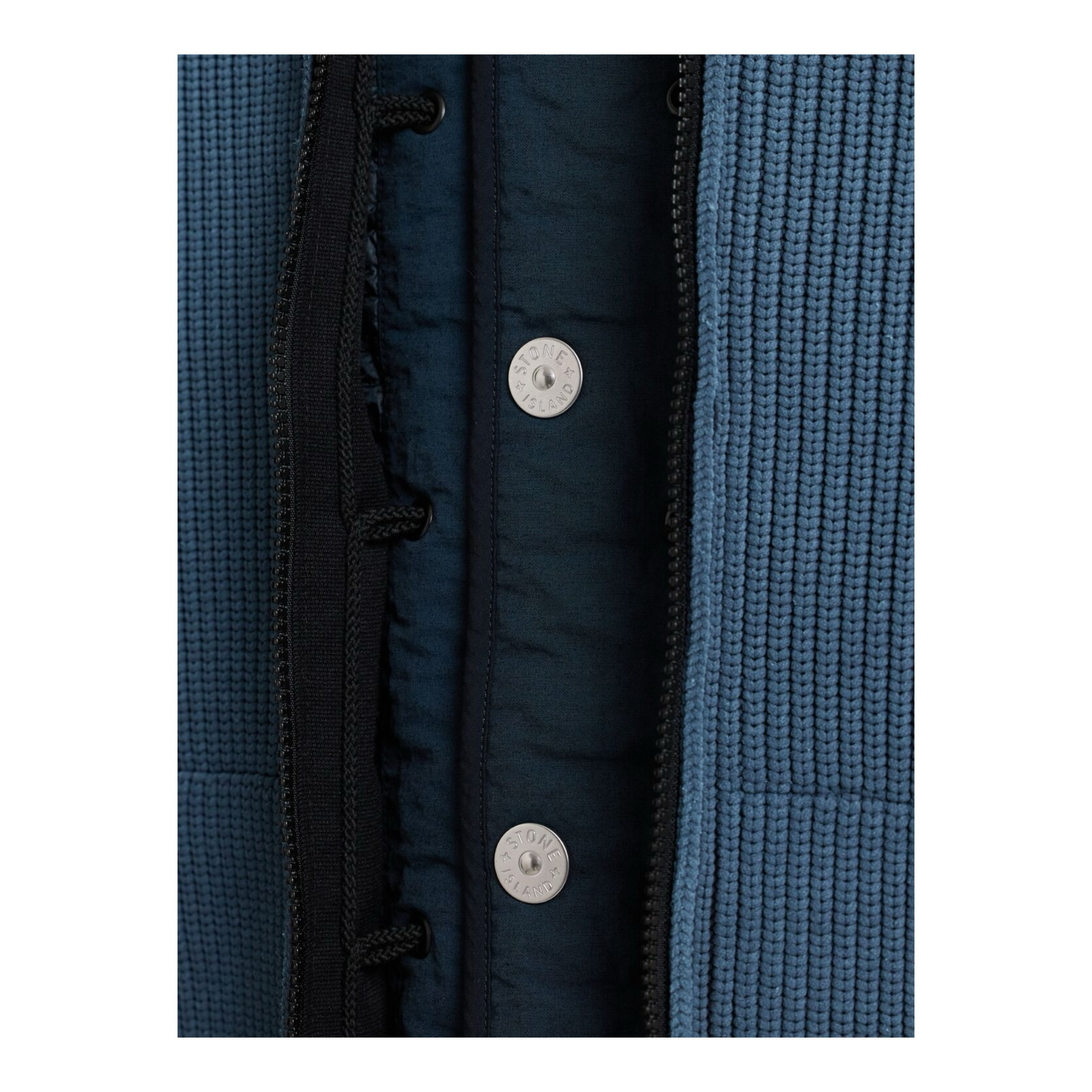 Urban Saints blue ribbed knit zip-up jacket with hood and Stone Island badge on sleeve.