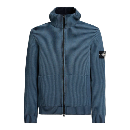 Urban Saints blue ribbed knit zip-up jacket with hood and Stone Island badge on sleeve.