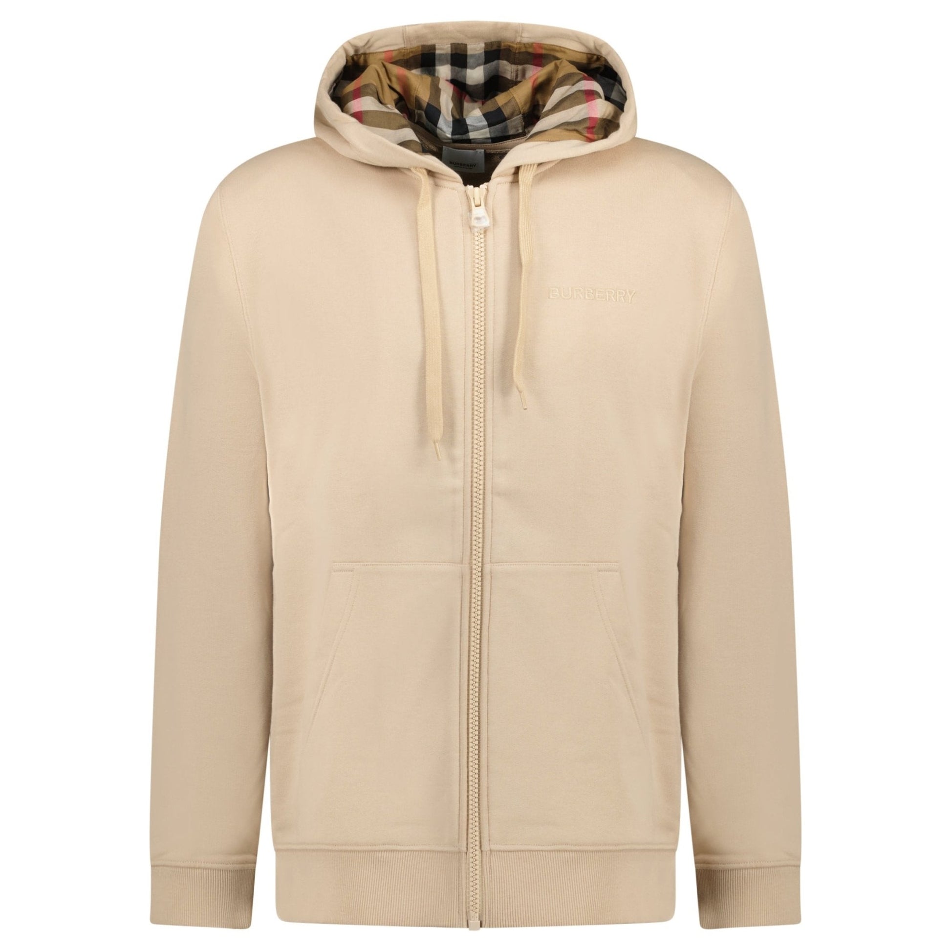 Urban Saints beige Burberry zip-up hoodie in cotton with iconic check-lined hood and tonal embroidered chest logo.