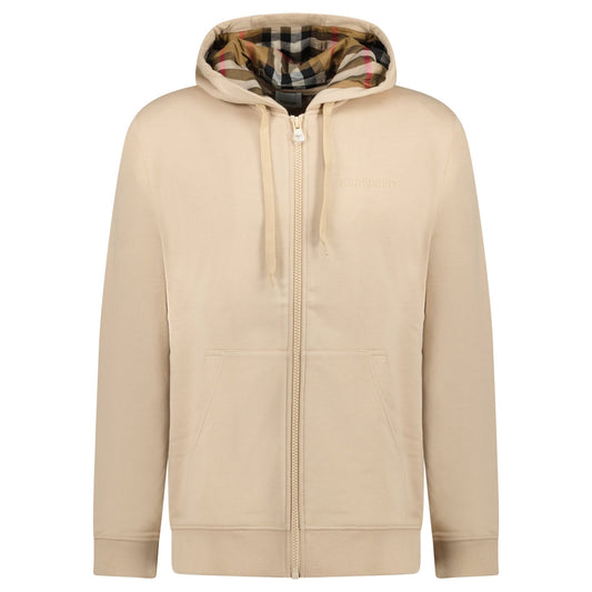 Urban Saints beige Burberry zip-up hoodie in cotton with iconic check-lined hood and tonal embroidered chest logo.