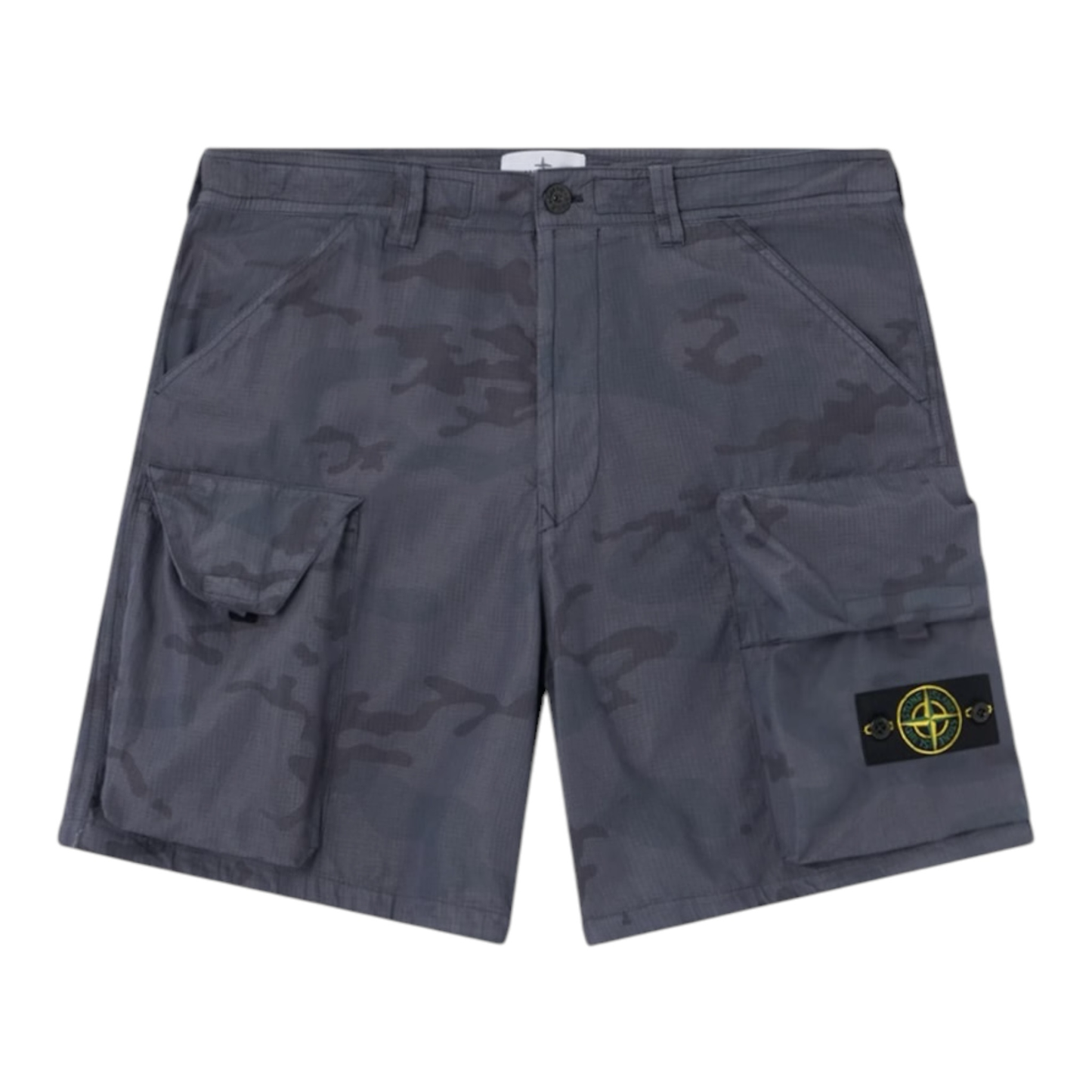 Urban Saints charcoal grey camouflage cargo shorts with multiple pockets and Stone Island badge detail.