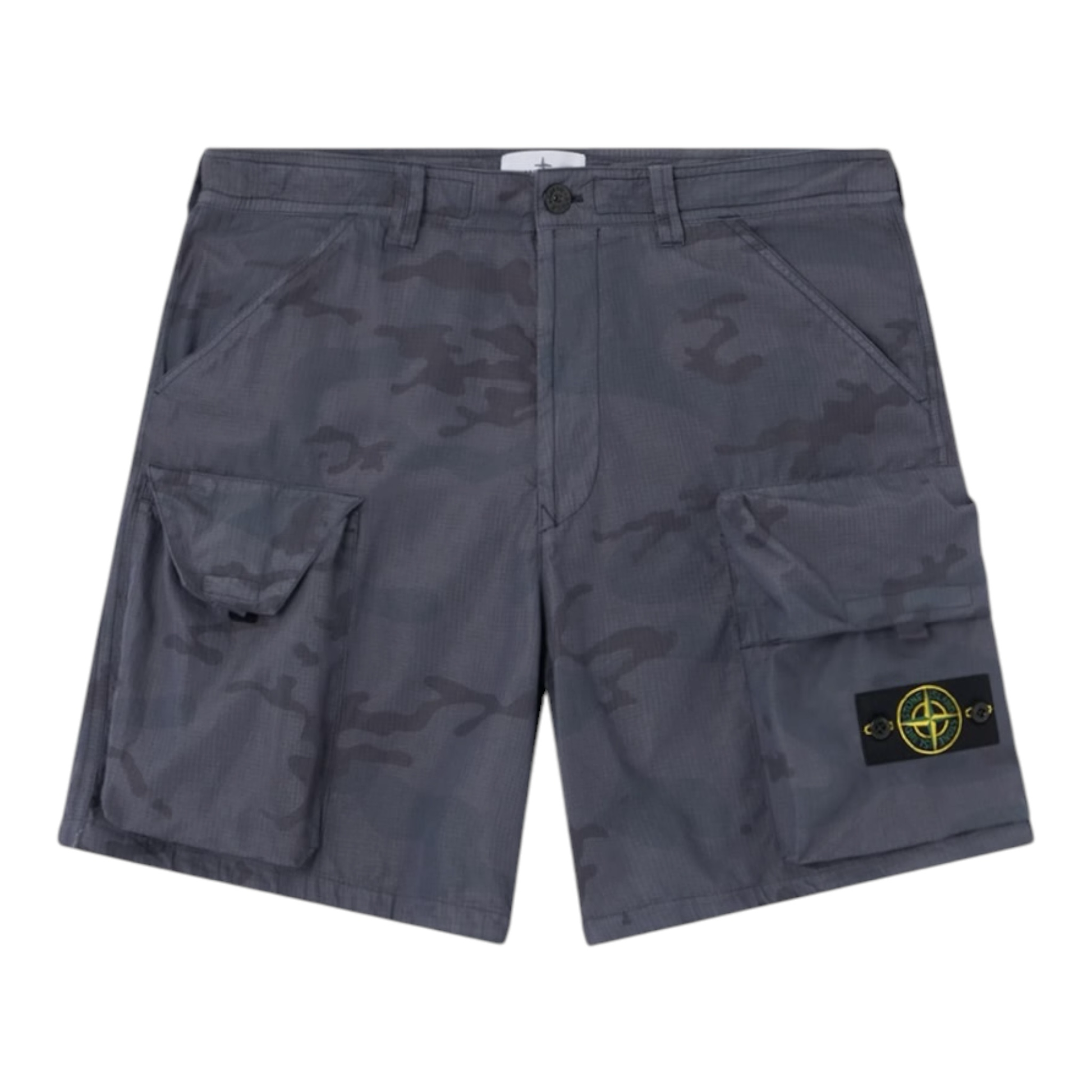 Urban Saints charcoal grey camouflage cargo shorts with multiple pockets and Stone Island badge detail.