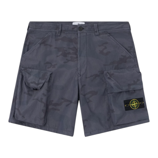 Urban Saints charcoal grey camouflage cargo shorts with multiple pockets and Stone Island badge detail.