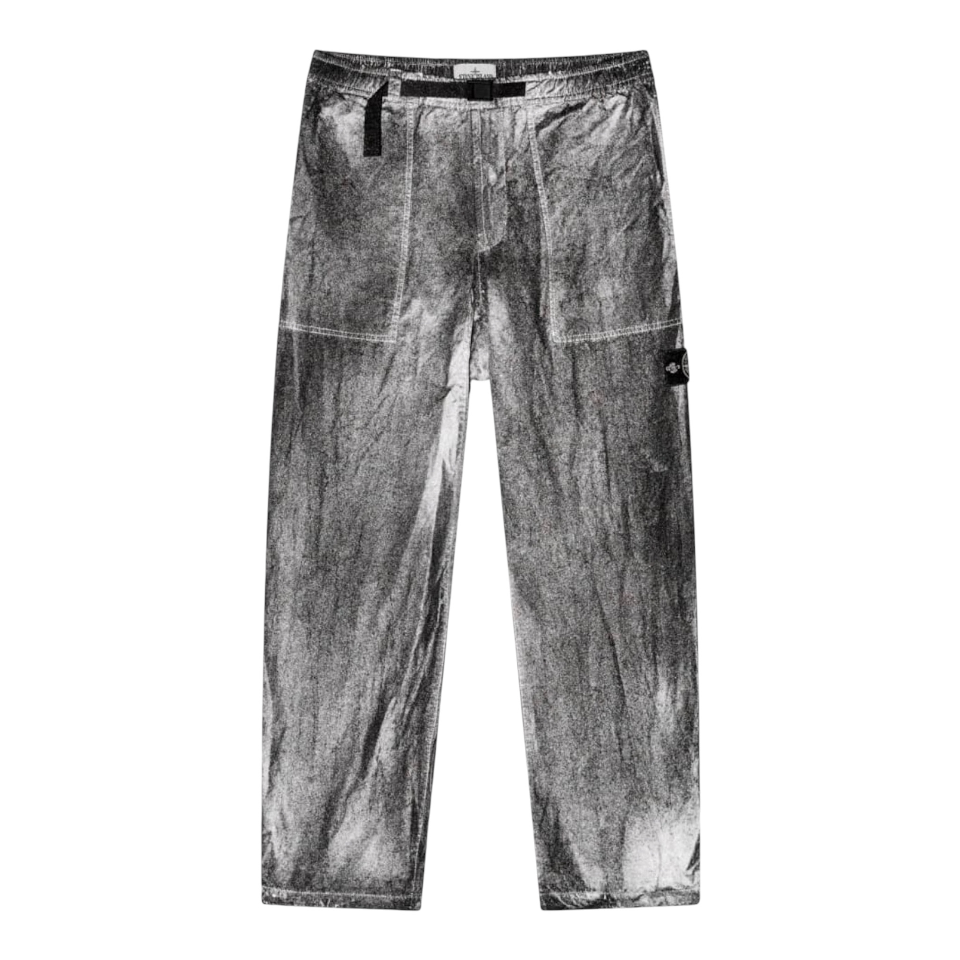 Urban Saints charcoal grey crinkled nylon cargo pants with belt and Stone Island badge.