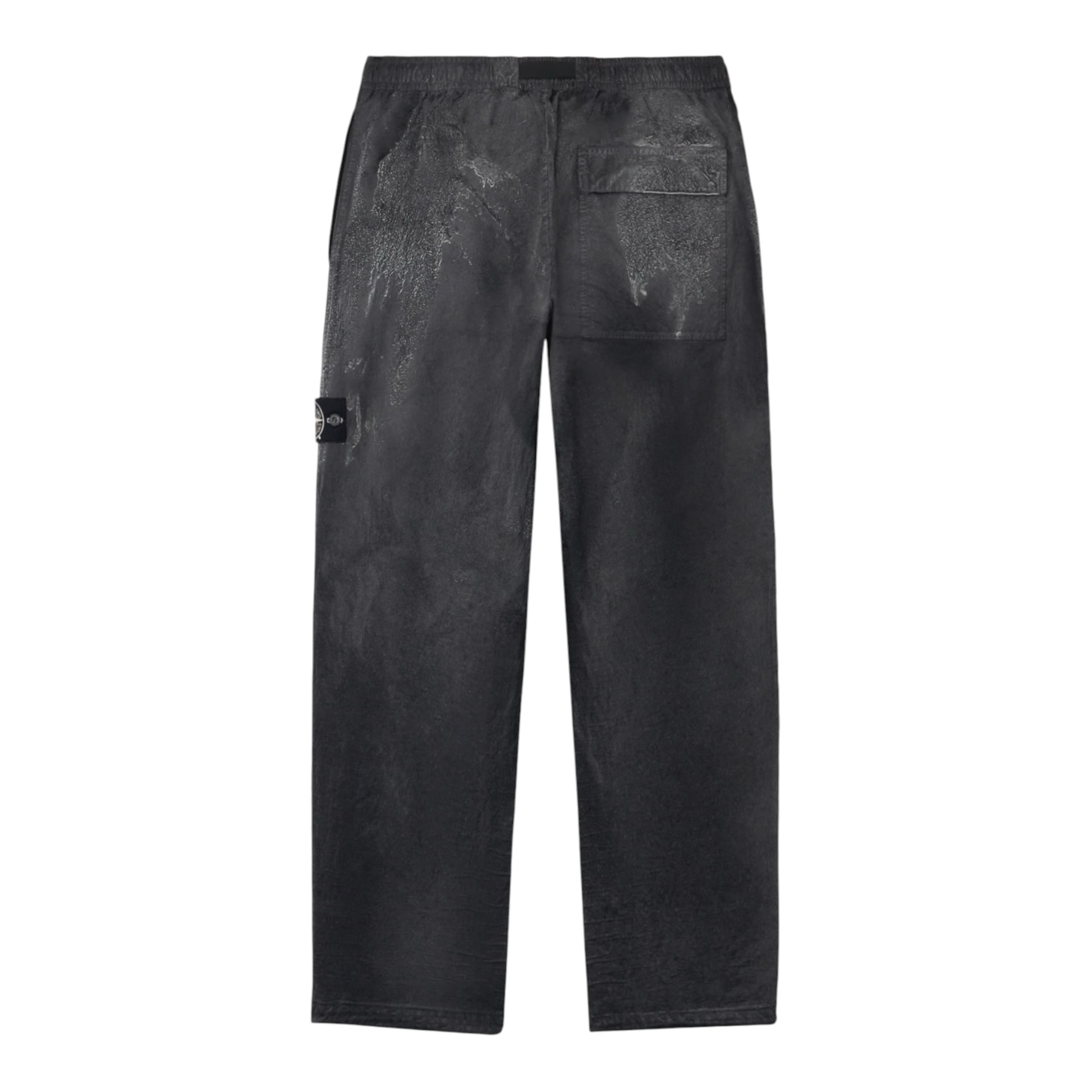 Urban Saints charcoal grey crinkled nylon cargo pants with belt and Stone Island badge.