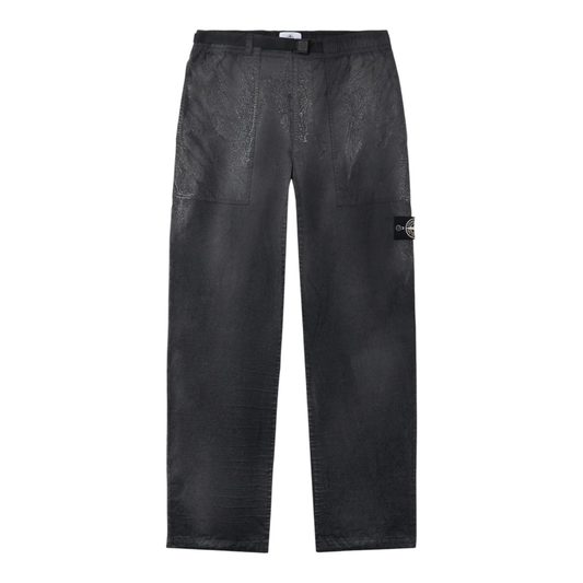 Urban Saints charcoal grey crinkled nylon cargo pants with belt and Stone Island badge.