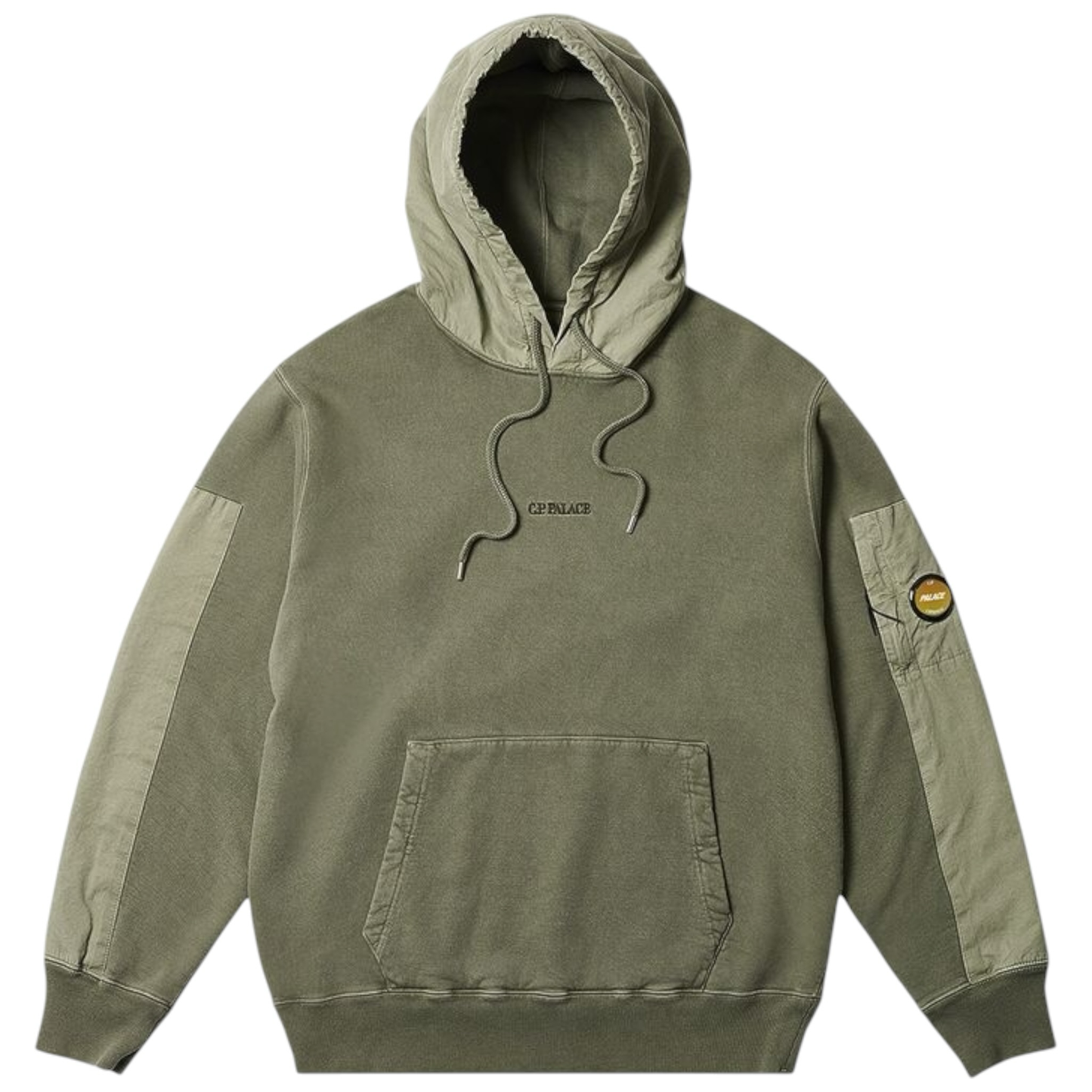 Urban Saints olive green cotton blend hoodie with contrast sleeve panels, drawstring hood, kangaroo pocket, and embroidered logo.