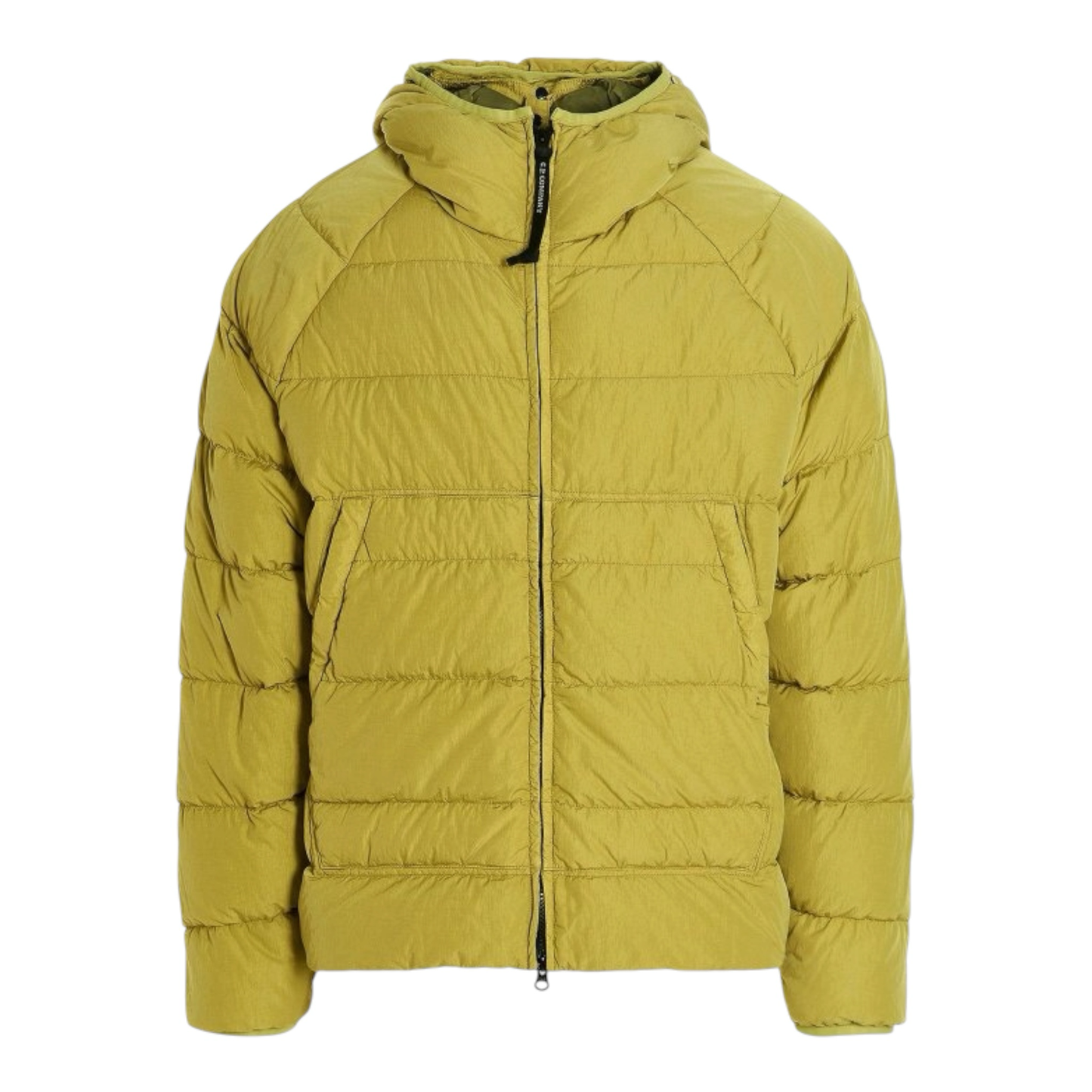 Urban Saints C.P. Company olive-yellow hooded puffer jacket with signature goggle-lens hood and quilted insulation.