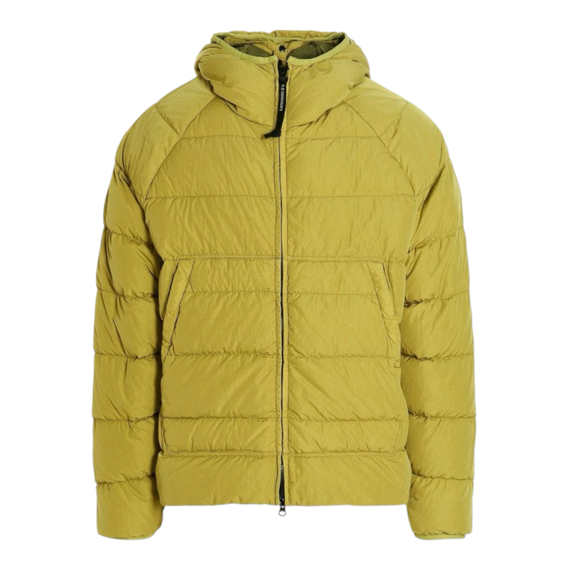Urban Saints C.P. Company olive-yellow hooded puffer jacket with signature goggle-lens hood and quilted insulation.
