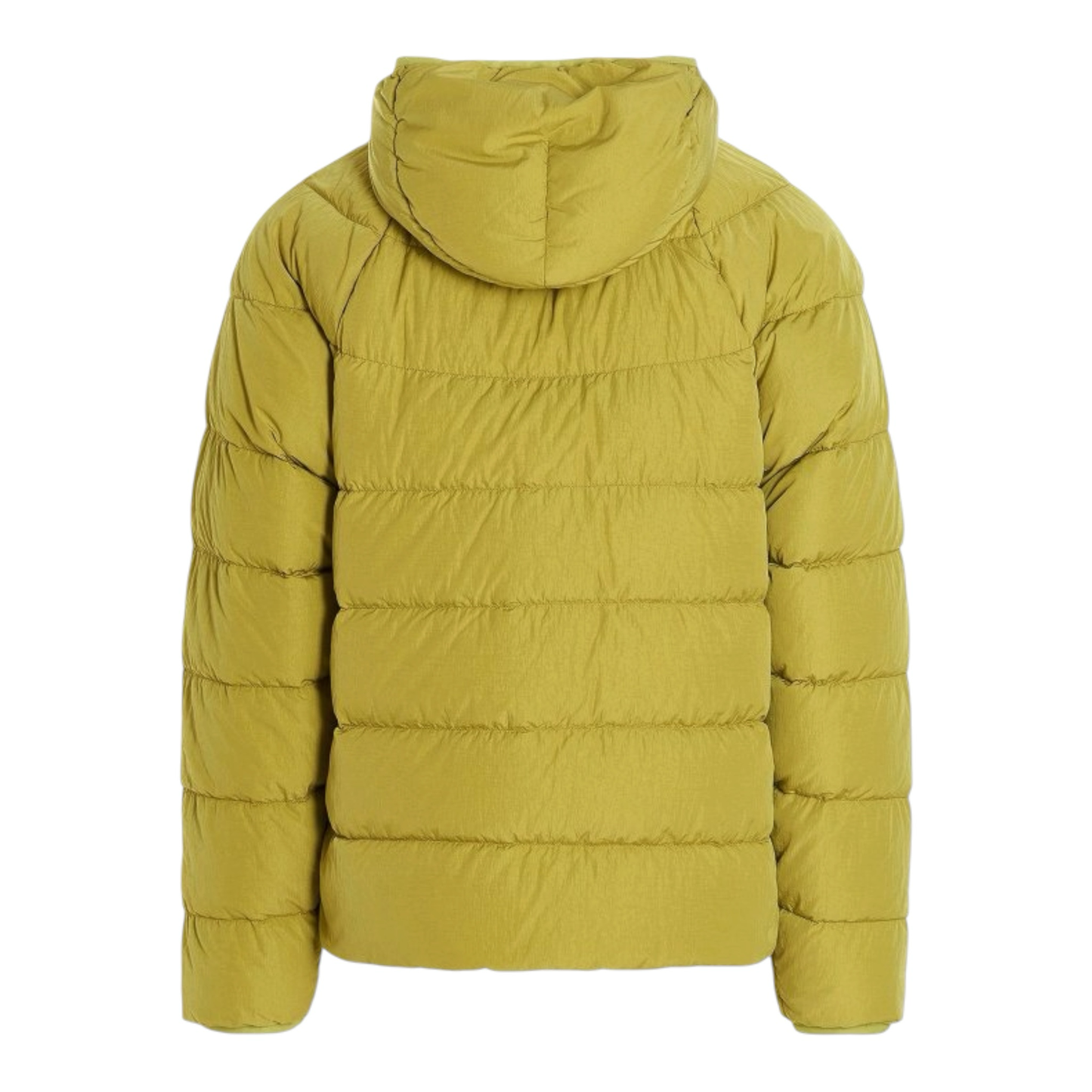 Urban Saints C.P. Company olive-yellow hooded puffer jacket with quilted construction and back view.