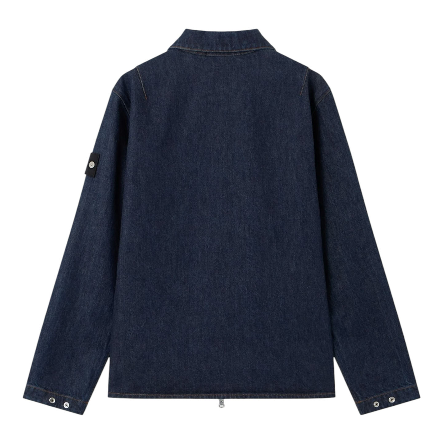 Urban Saints Stone Island indigo denim zip-up jacket with sleeve badge and adjustable cuffs, back view.