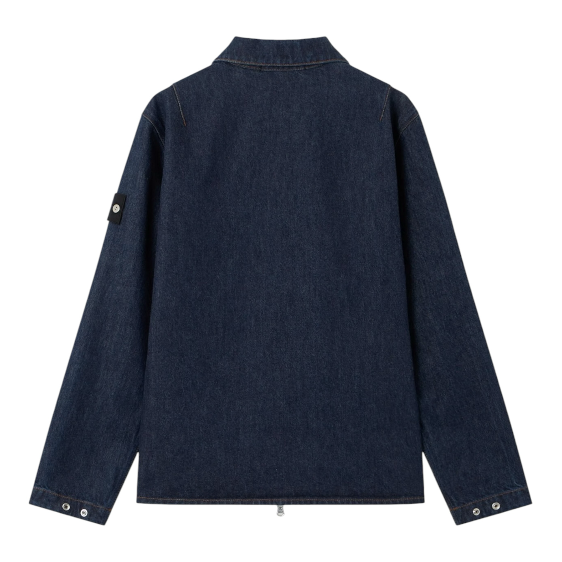 Urban Saints Stone Island indigo denim zip-up jacket with sleeve badge and adjustable cuffs, back view.