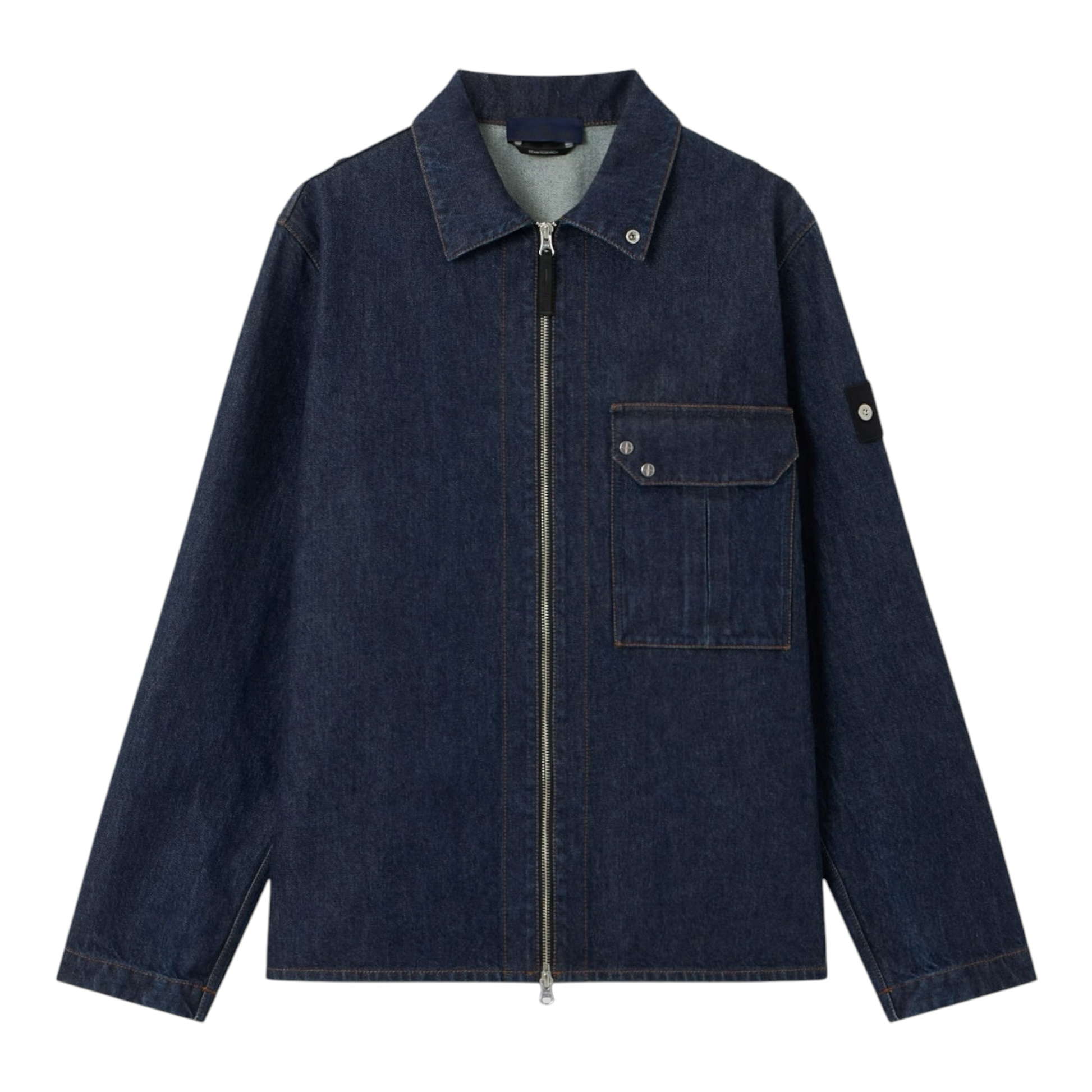 Urban Saints indigo denim zip-up jacket with a chest pocket, classic collar, and signature sleeve badge.