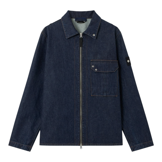 Urban Saints indigo denim zip-up jacket with a chest pocket, classic collar, and signature sleeve badge.