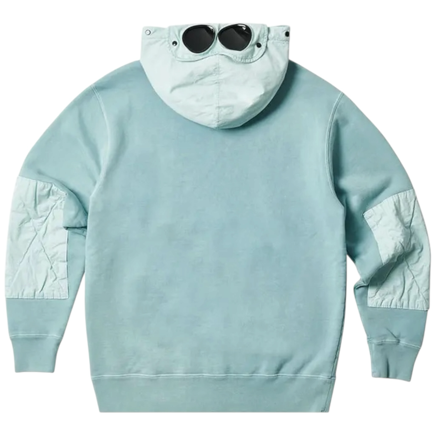 Urban Saints light blue cotton blend hoodie with integrated goggles on hood and nylon pocket.