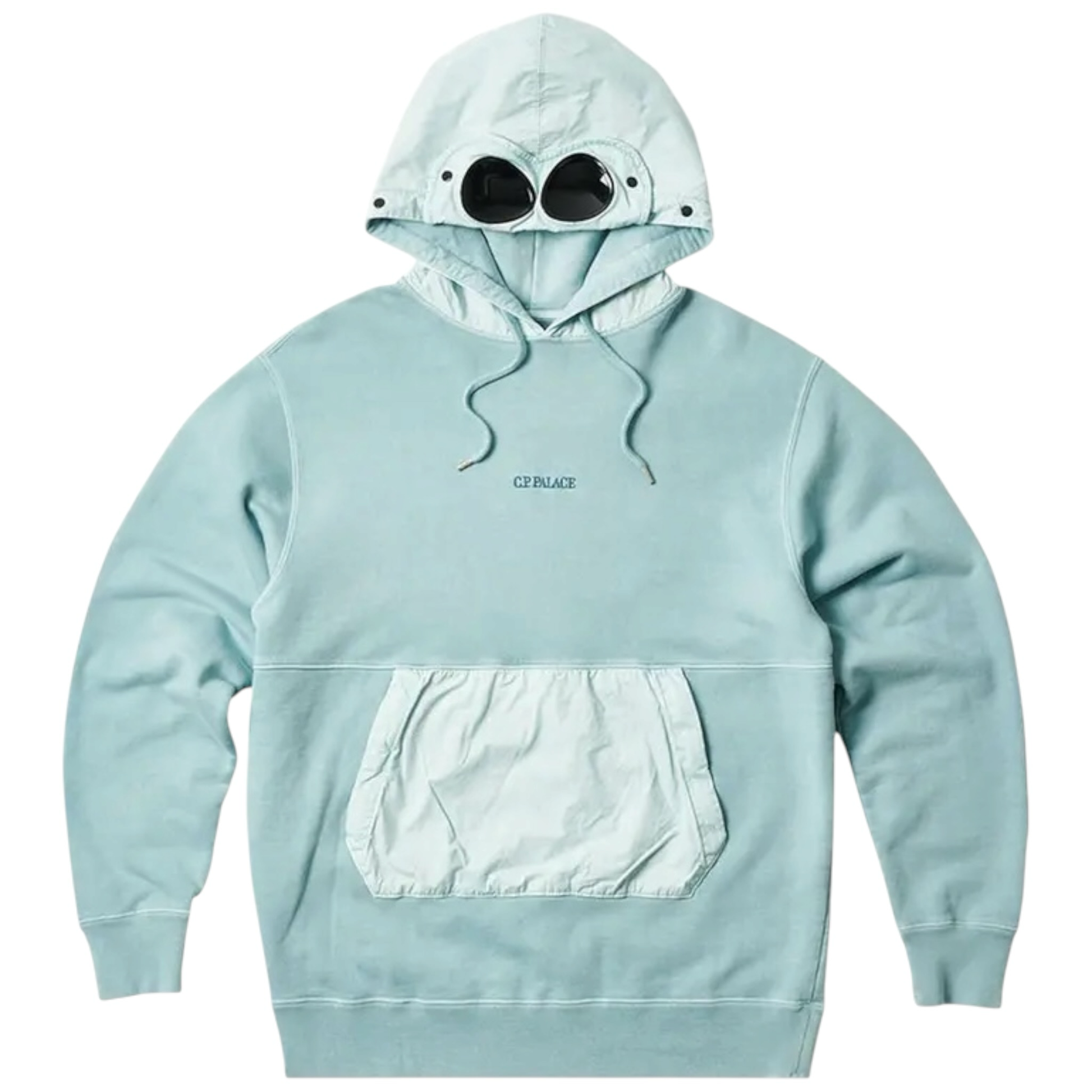 Urban Saints light blue cotton blend hoodie with integrated goggles on hood and large nylon pocket.