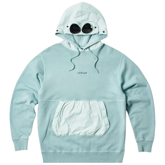 Urban Saints light blue cotton blend hoodie with integrated goggles on hood and large nylon pocket.