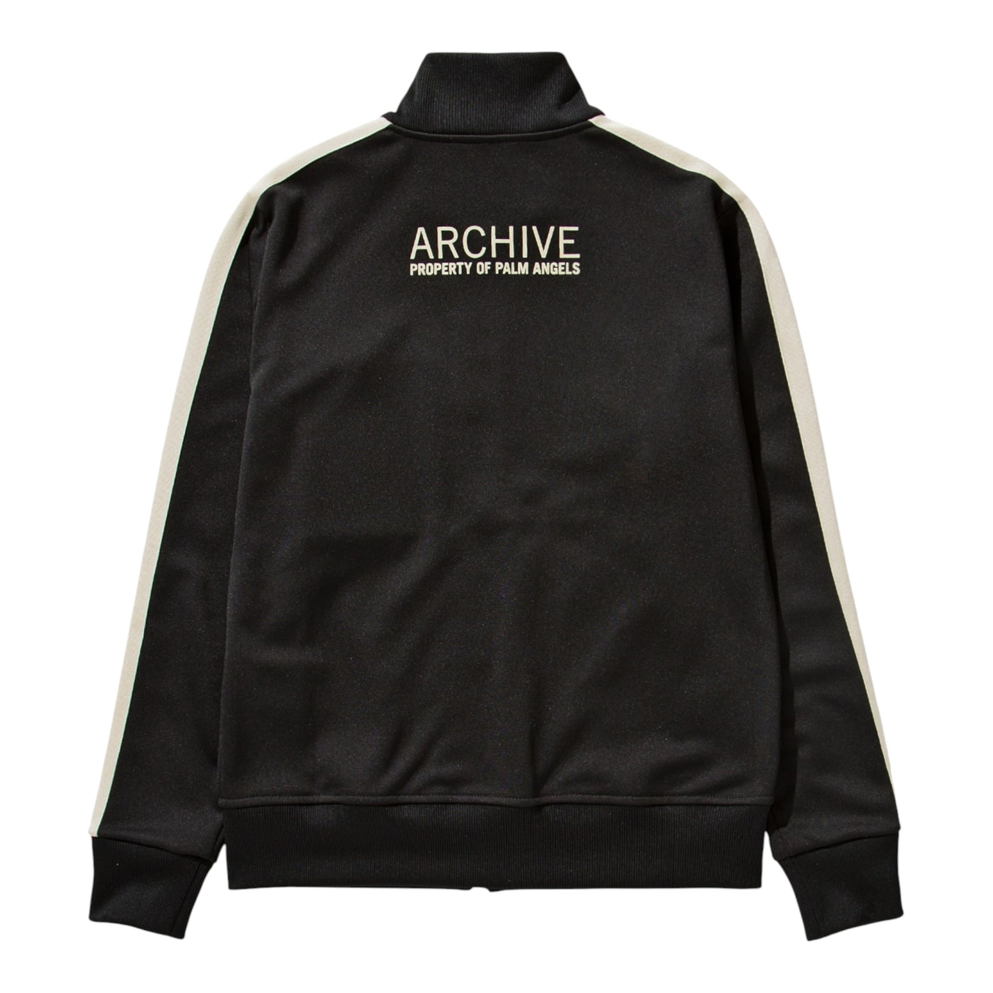 Urban Saints Moncler Palm Angels black track jacket with white sleeve stripes and back Archive graphic print.