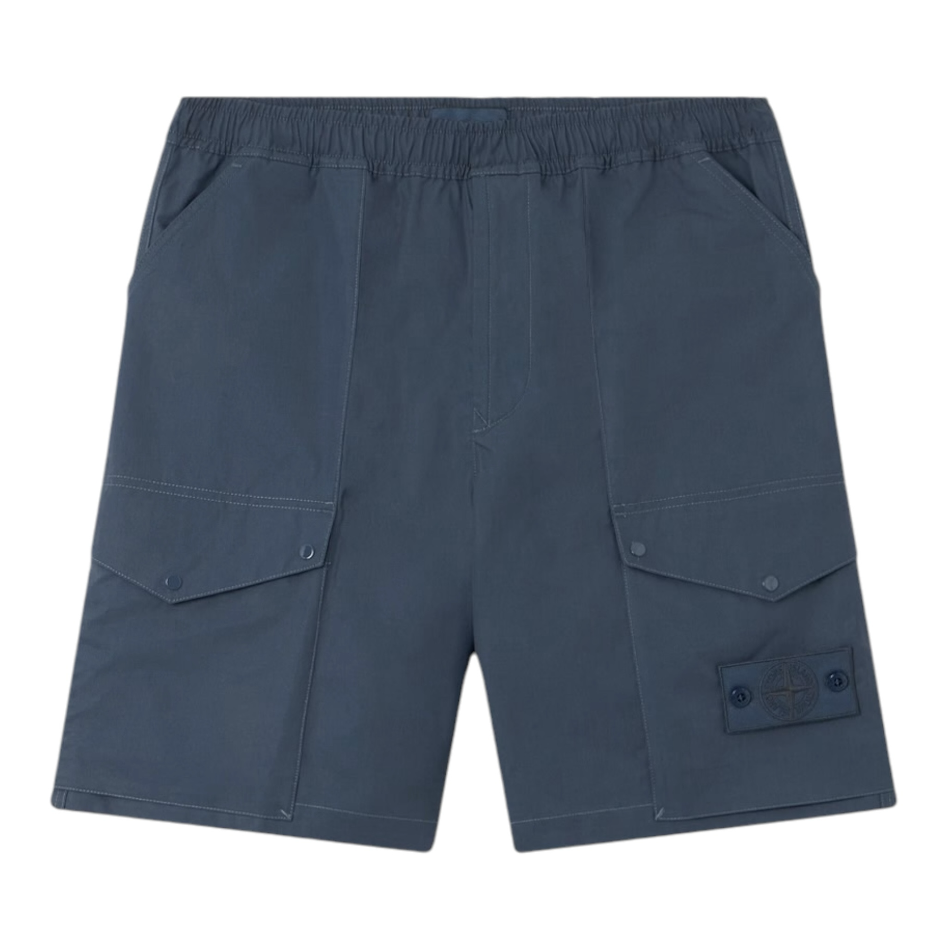Urban Saints navy blue cargo shorts with elasticated waistband and tonal logo patch on left pocket.