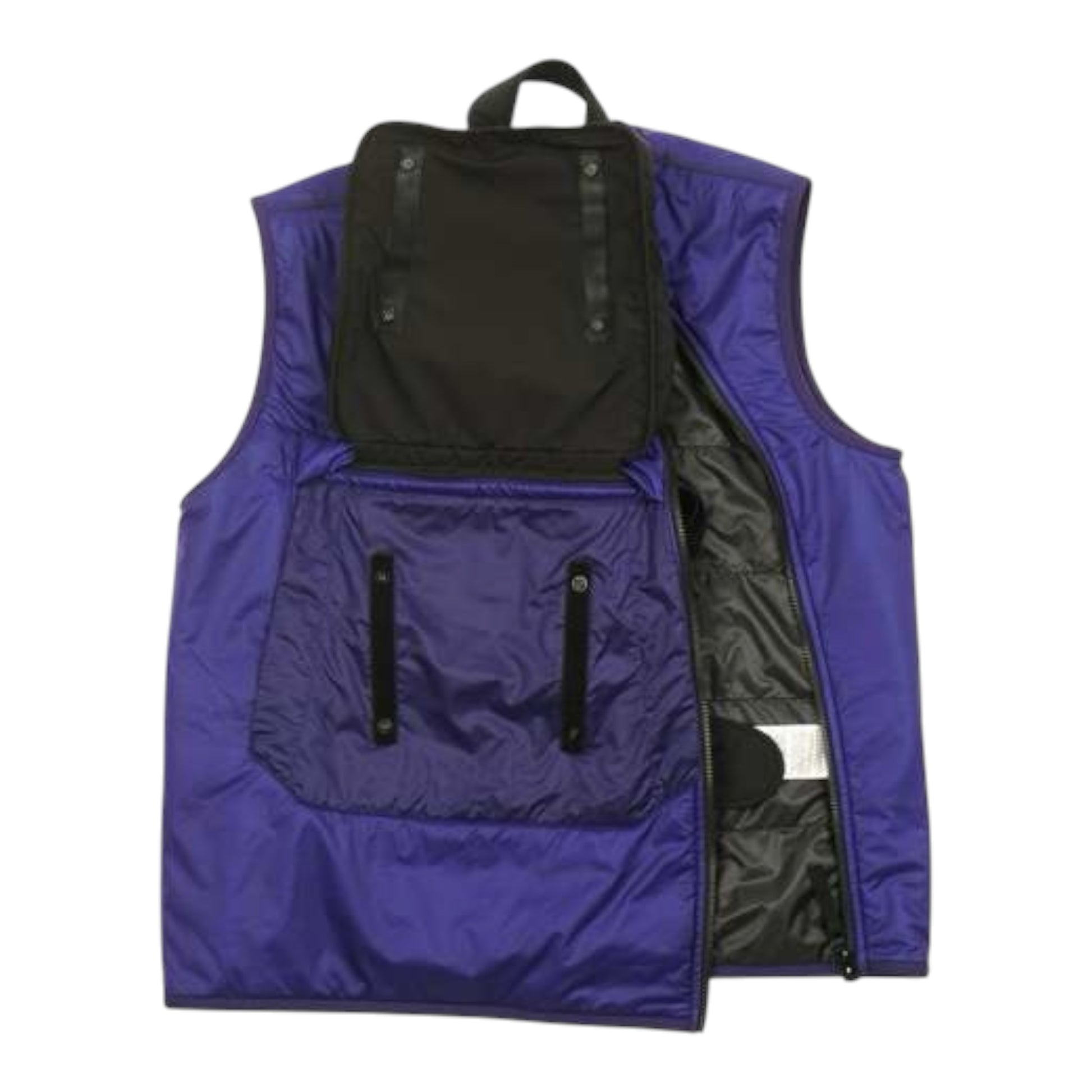 Urban Saints purple modular technical vest with a detachable utility chest pocket and black interior lining.