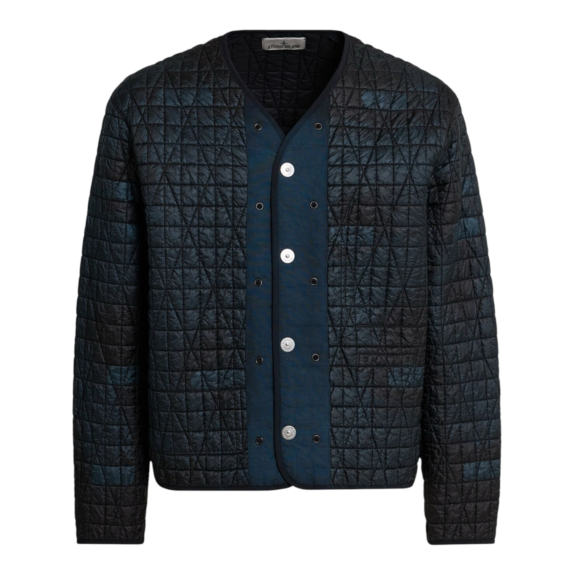 Urban Saints dark blue quilted jacket with button front and Stone Island badge on sleeve.