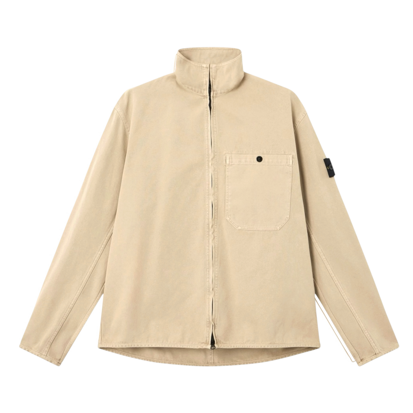 Urban Saints Stone Island beige cotton canvas full-zip overshirt with chest pocket and sleeve logo patch.