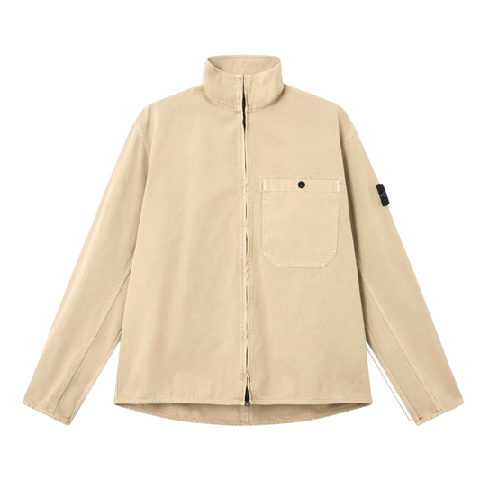 Urban Saints Stone Island beige cotton canvas full-zip overshirt with chest pocket and sleeve logo patch.