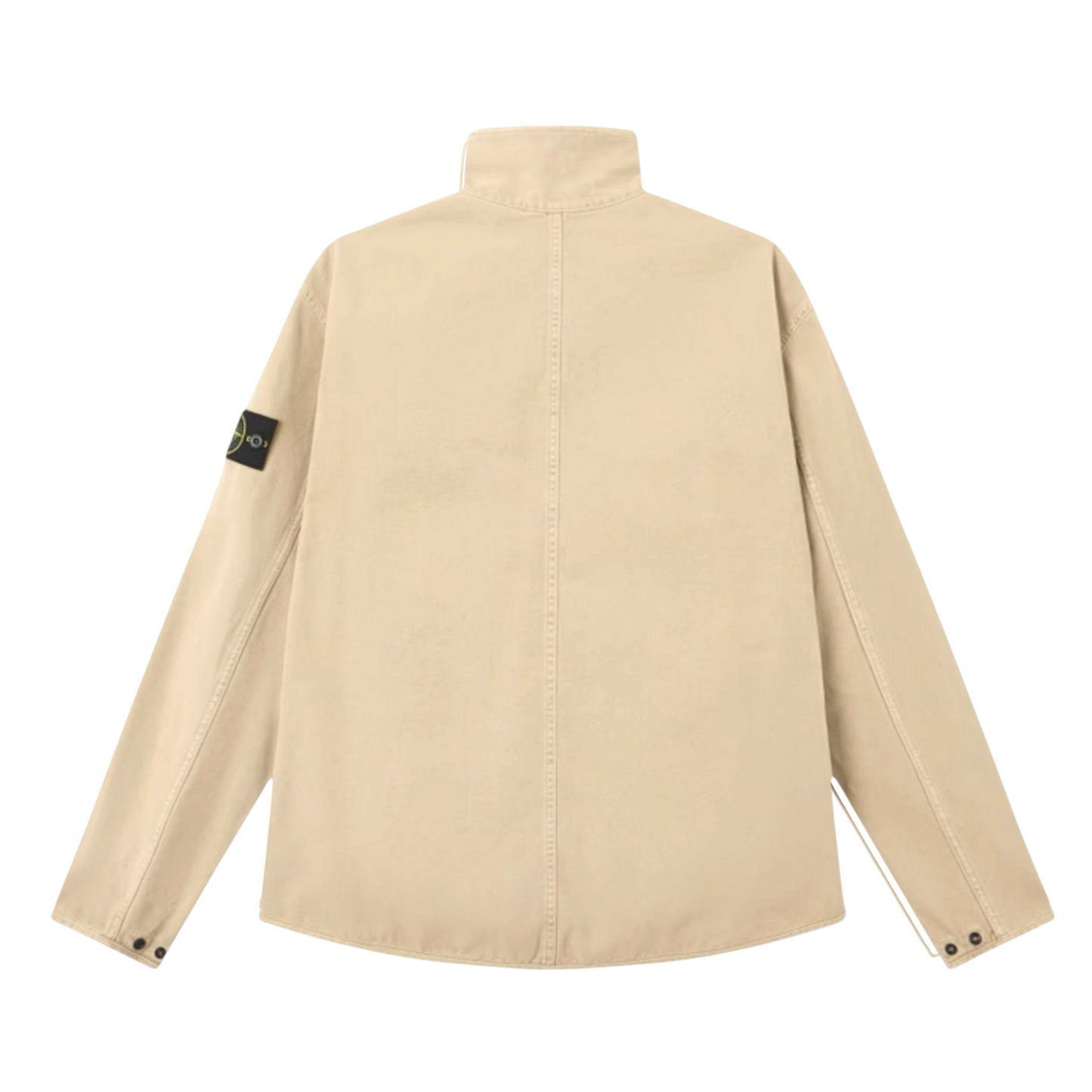 Urban Saints Stone Island beige cotton canvas overshirt with high neck and signature sleeve patch, back view.