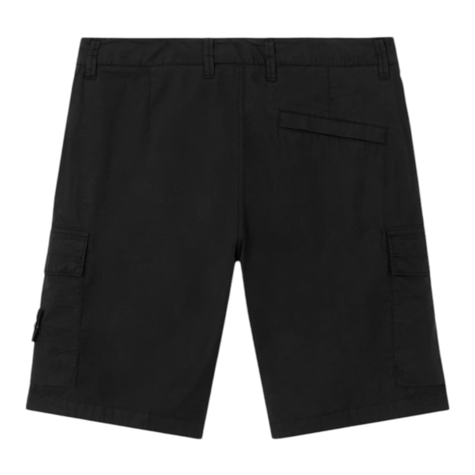 Urban Saints black Stone Island cargo shorts with side pockets and signature brand patch on a white background.