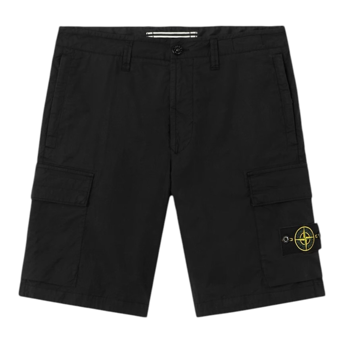 Urban Saints Stone Island black cargo shorts with side pockets and iconic brand patch on the leg.
